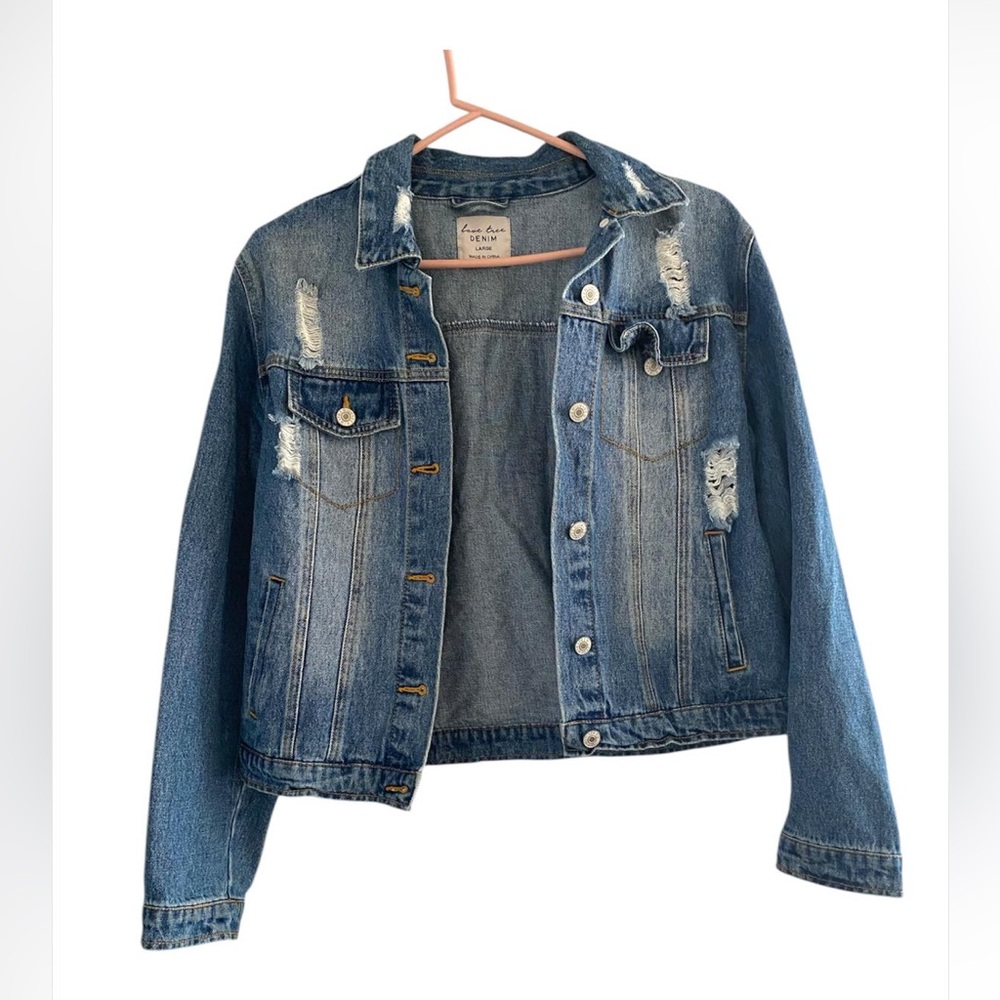 Love Tree Blue Cropped Jean Jacket Distressed